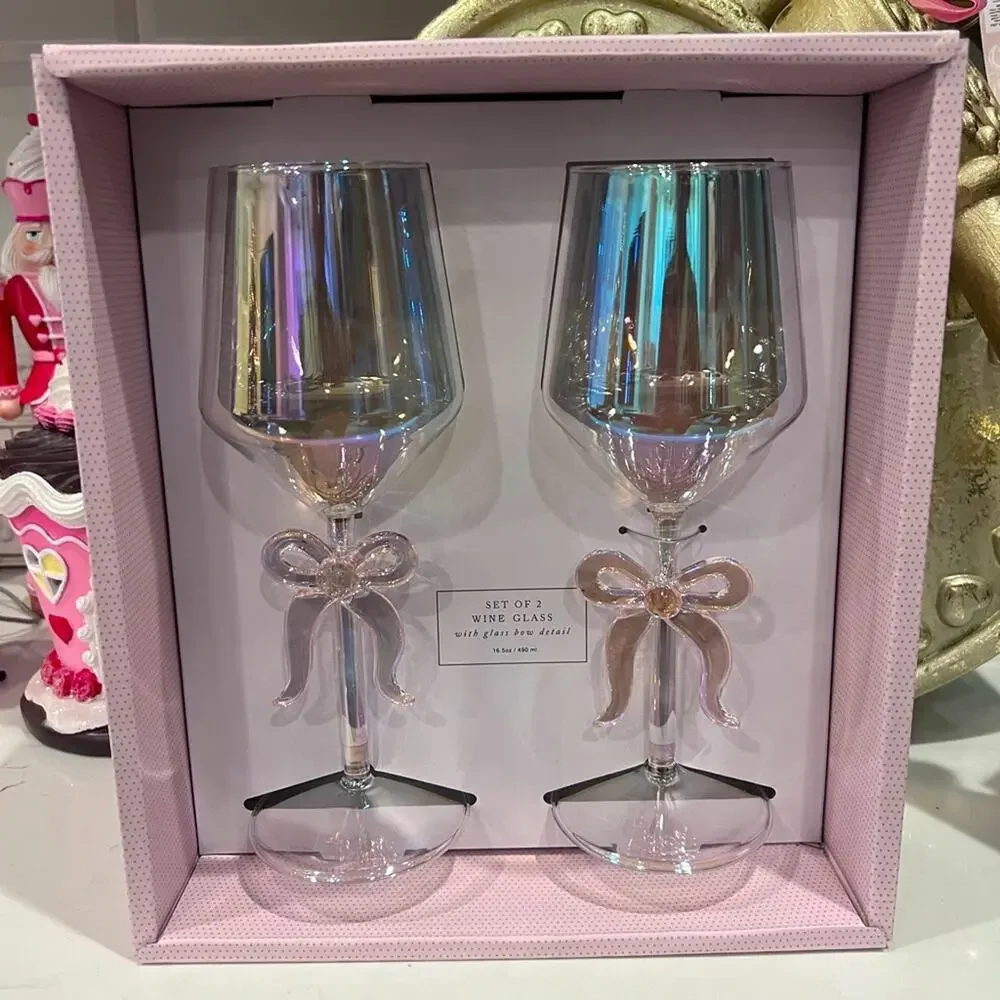 Viral Cupcakes & Cashmere Iridescent Bow Wine Glass Set Pink Coquette